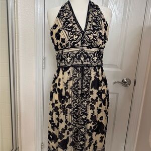 Jones New York Navy and Cream Floral Midi, Halter Dress